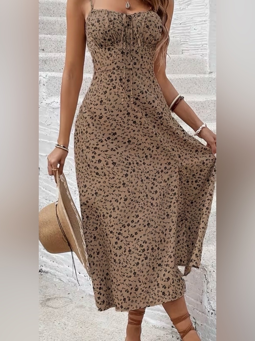 Smocked Bust Tan Floral Maxi Dress